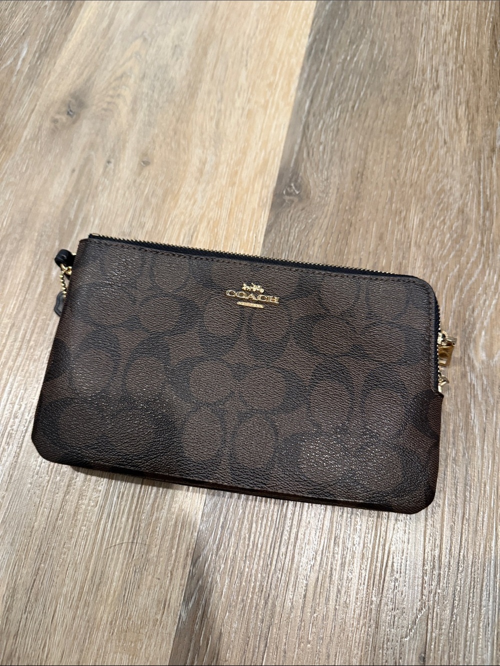 Coach Dark Brown Signature Zip Wristlet with Gold Hardware